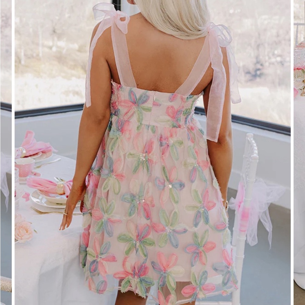 Day + Moon Blush Embroidered Floral Pastel Dress with Bow Straps - Picture 2 of 7